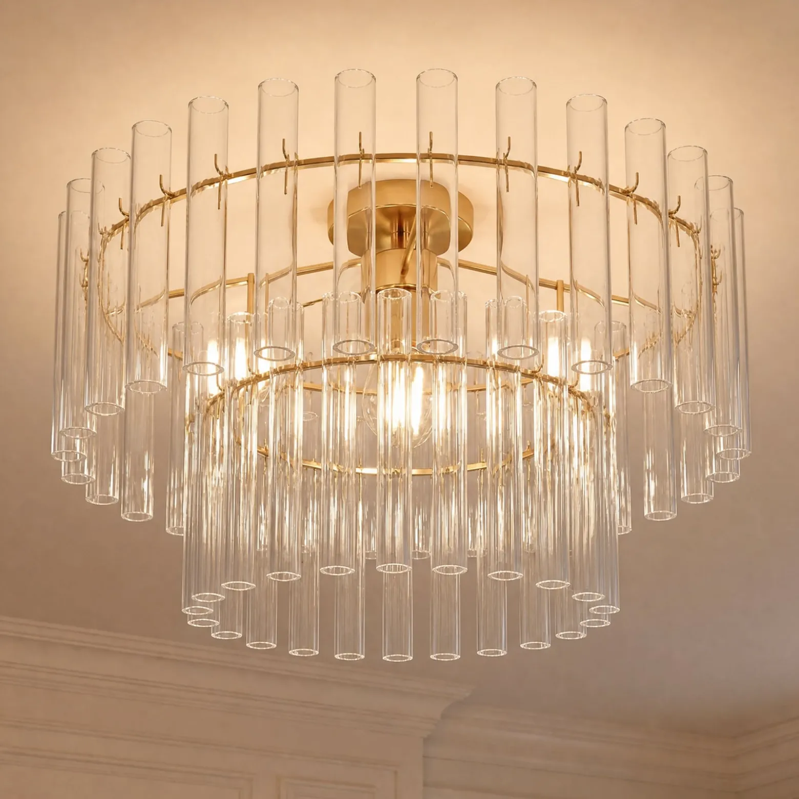 Lucande Deckenleuchte Leanna, klar/messing, Ø 54 cm, Glas