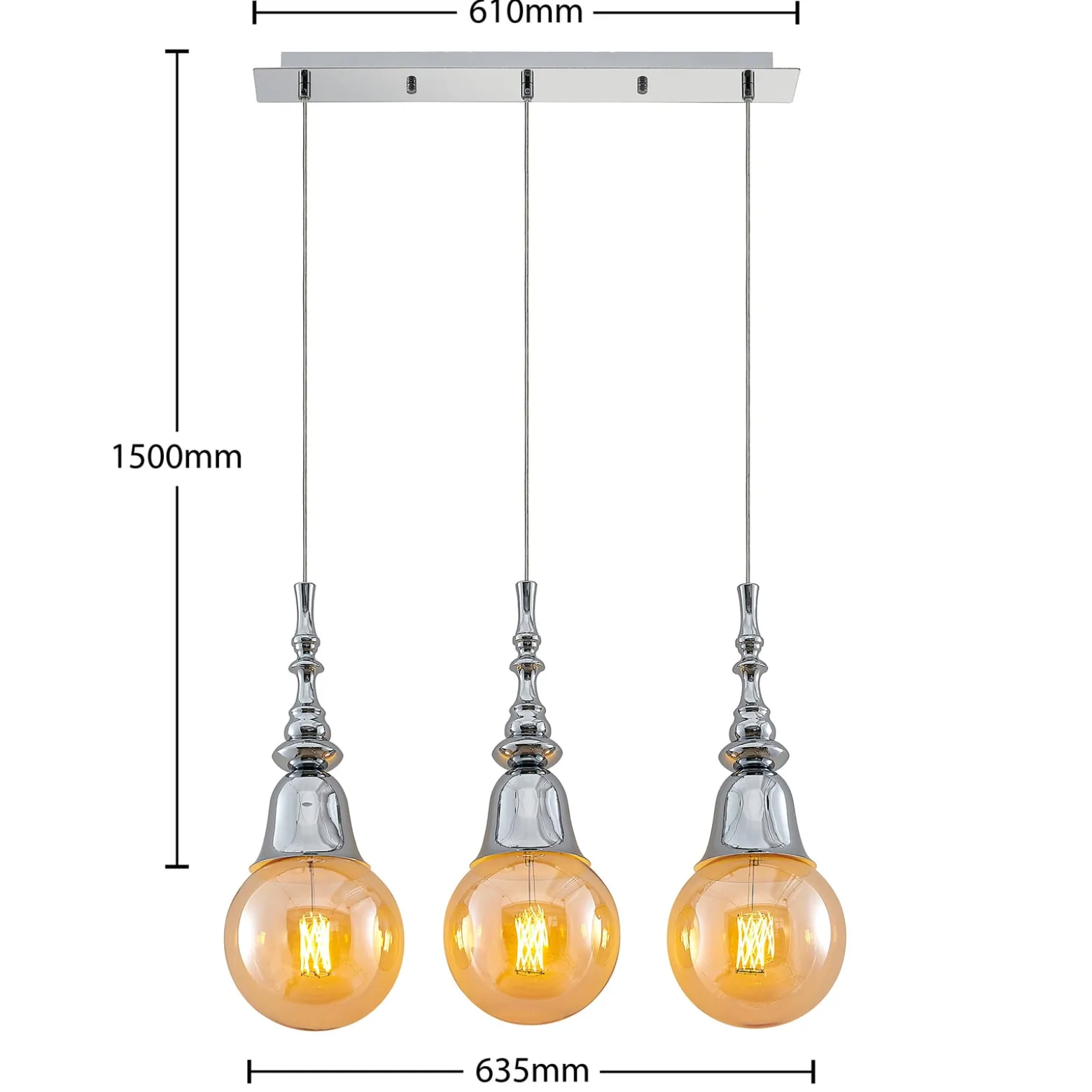 Lucande Gesja Pendellampe, 3-fl., lang, chrom