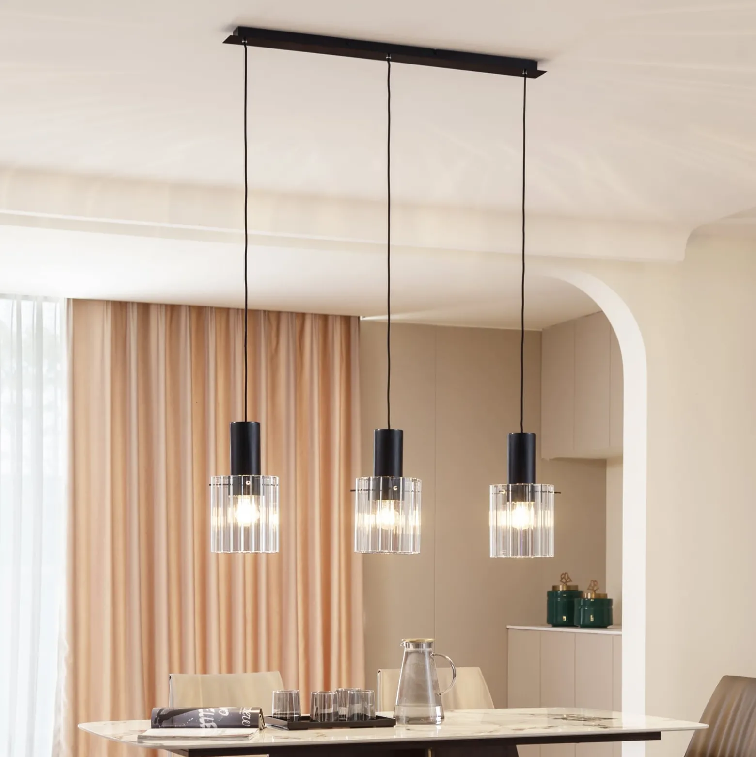 Lucande Hängeleuchte Eirian, 90 cm, 3-flammig, schwarz, Glas
