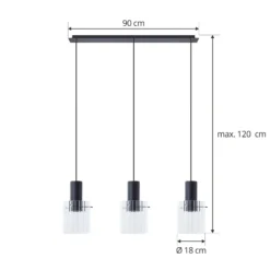 Lucande Hängeleuchte Eirian, 90 cm, 3-flammig, schwarz, Glas
