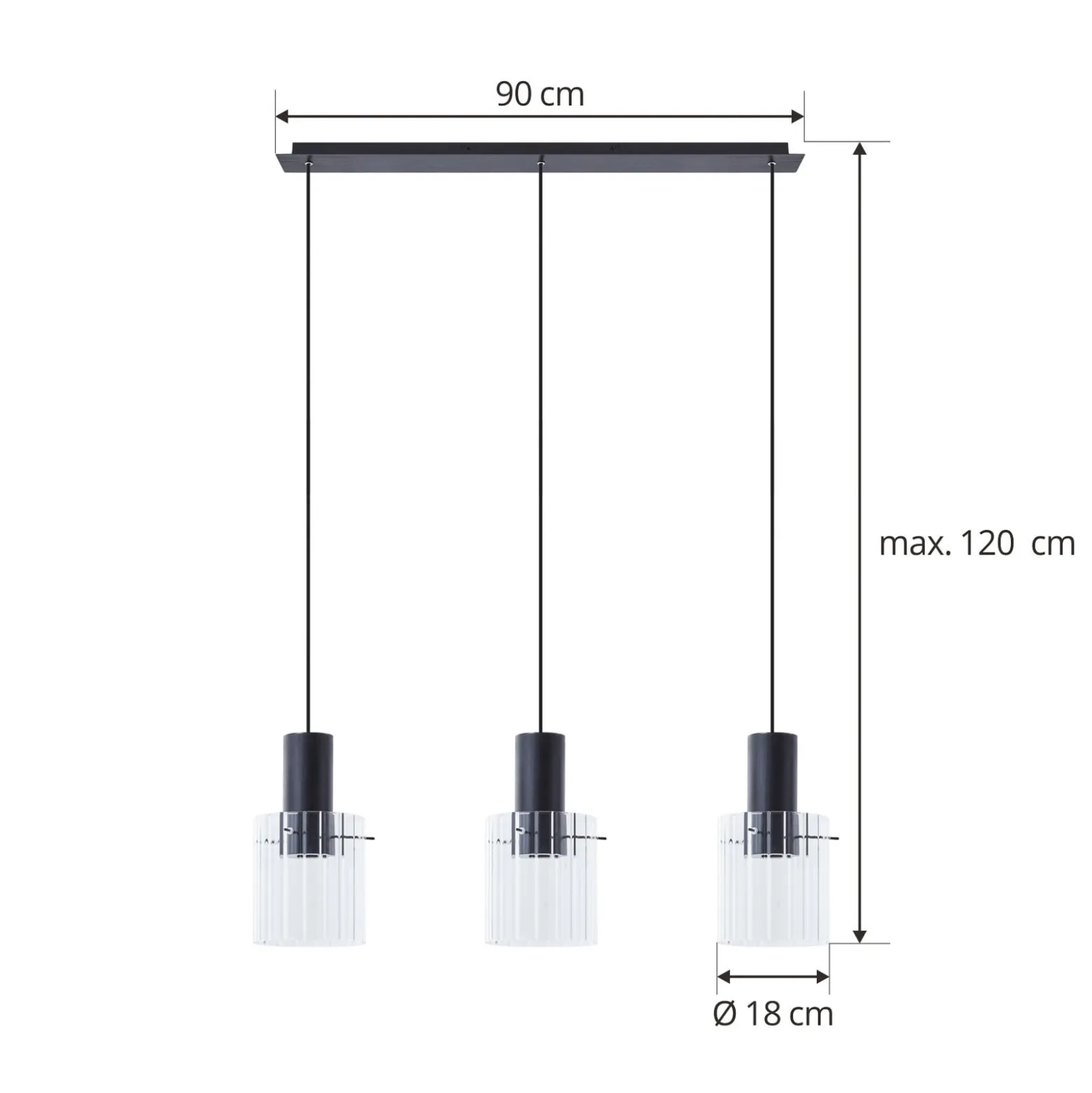 Lucande Hängeleuchte Eirian, 90 cm, 3-flammig, schwarz, Glas