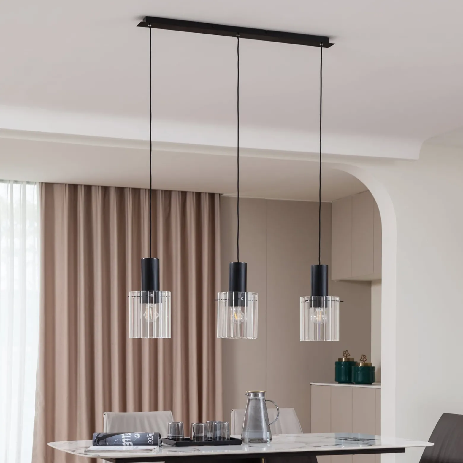 Lucande Hängeleuchte Eirian, 90 cm, 3-flammig, schwarz, Glas