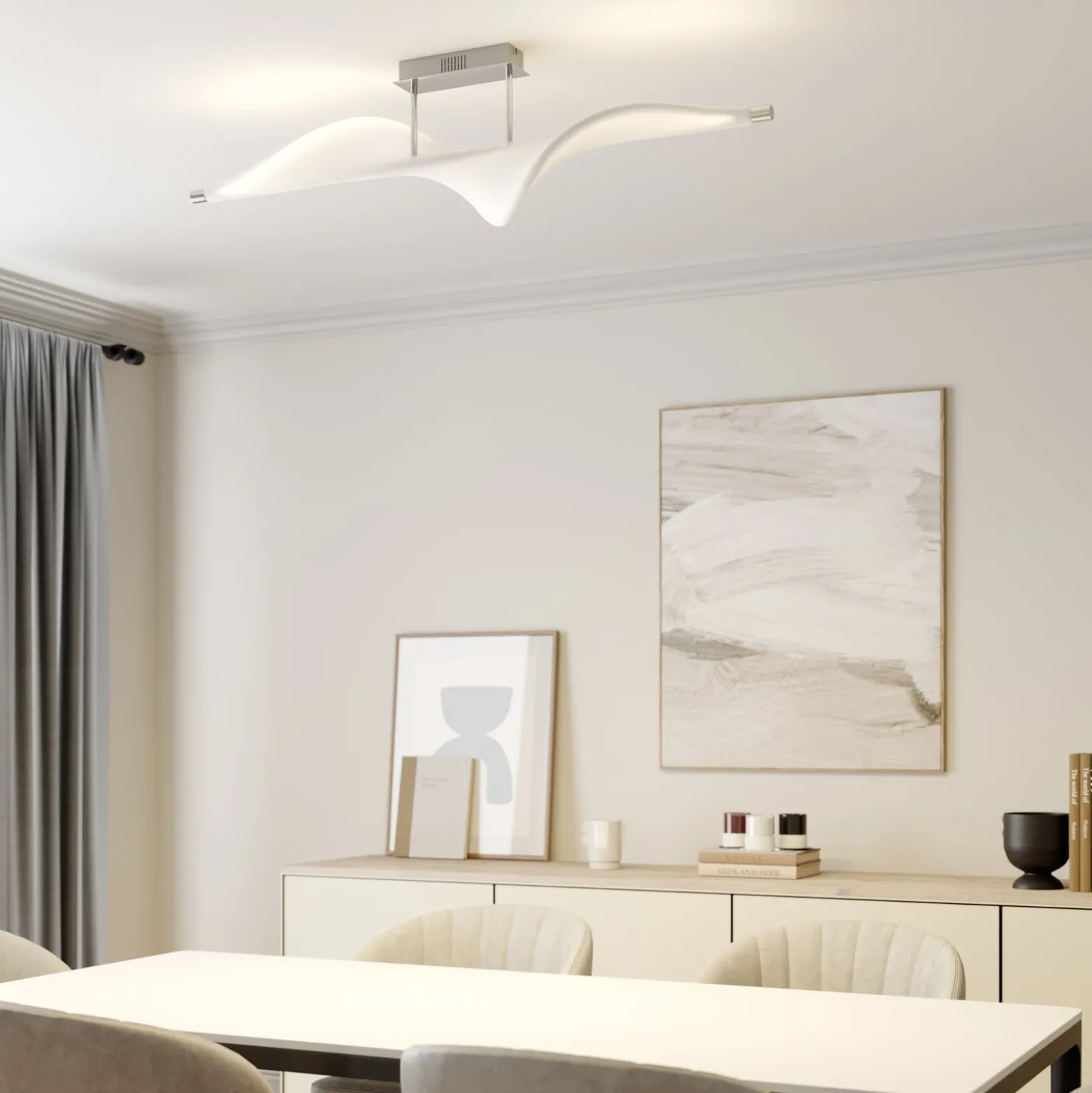 Lucande LED-Deckenlampe Edano, 122 cm, weiß, Textil, dimmbar