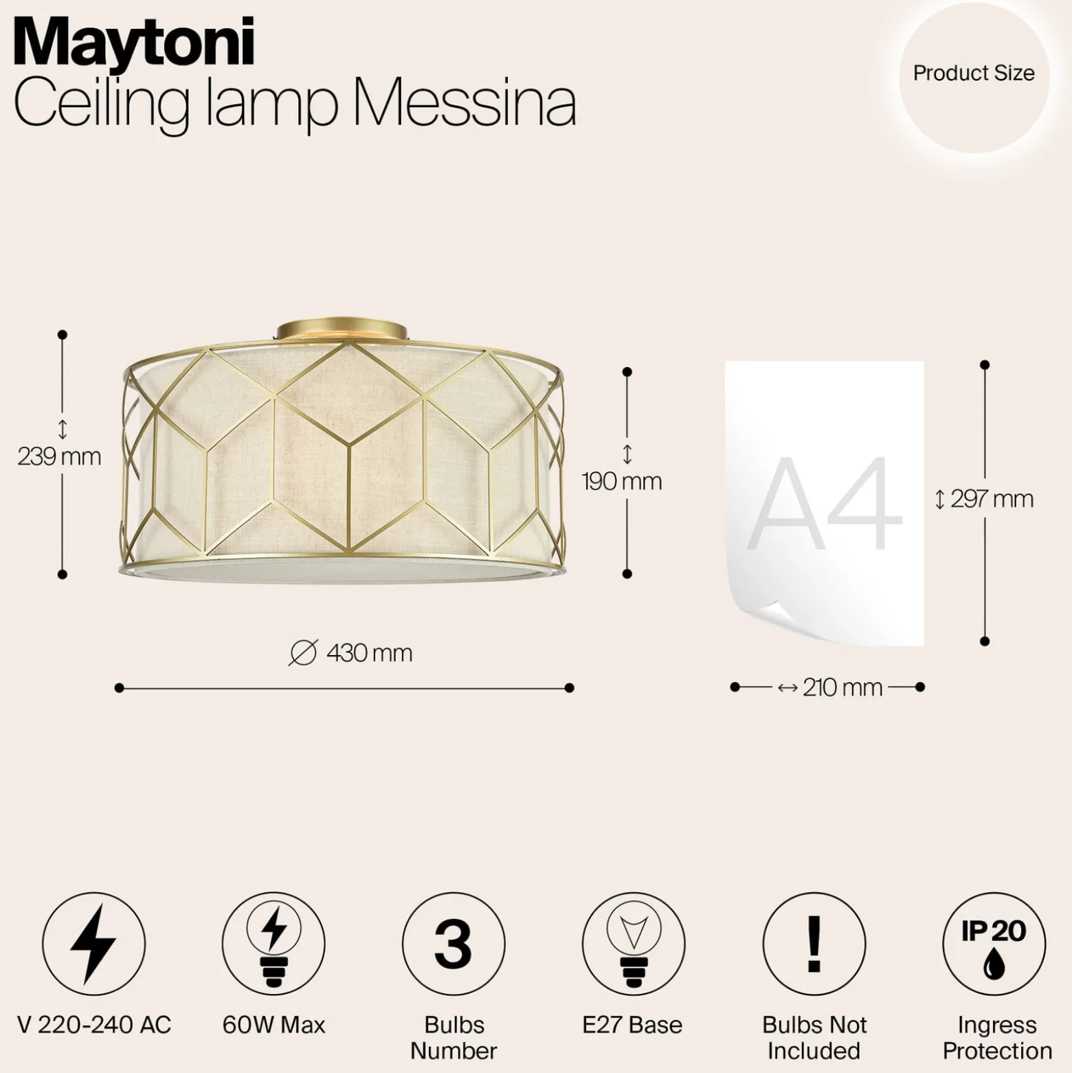 Maytoni Deckenleuchte Messina, Ø 43 cm, beige, Leinen