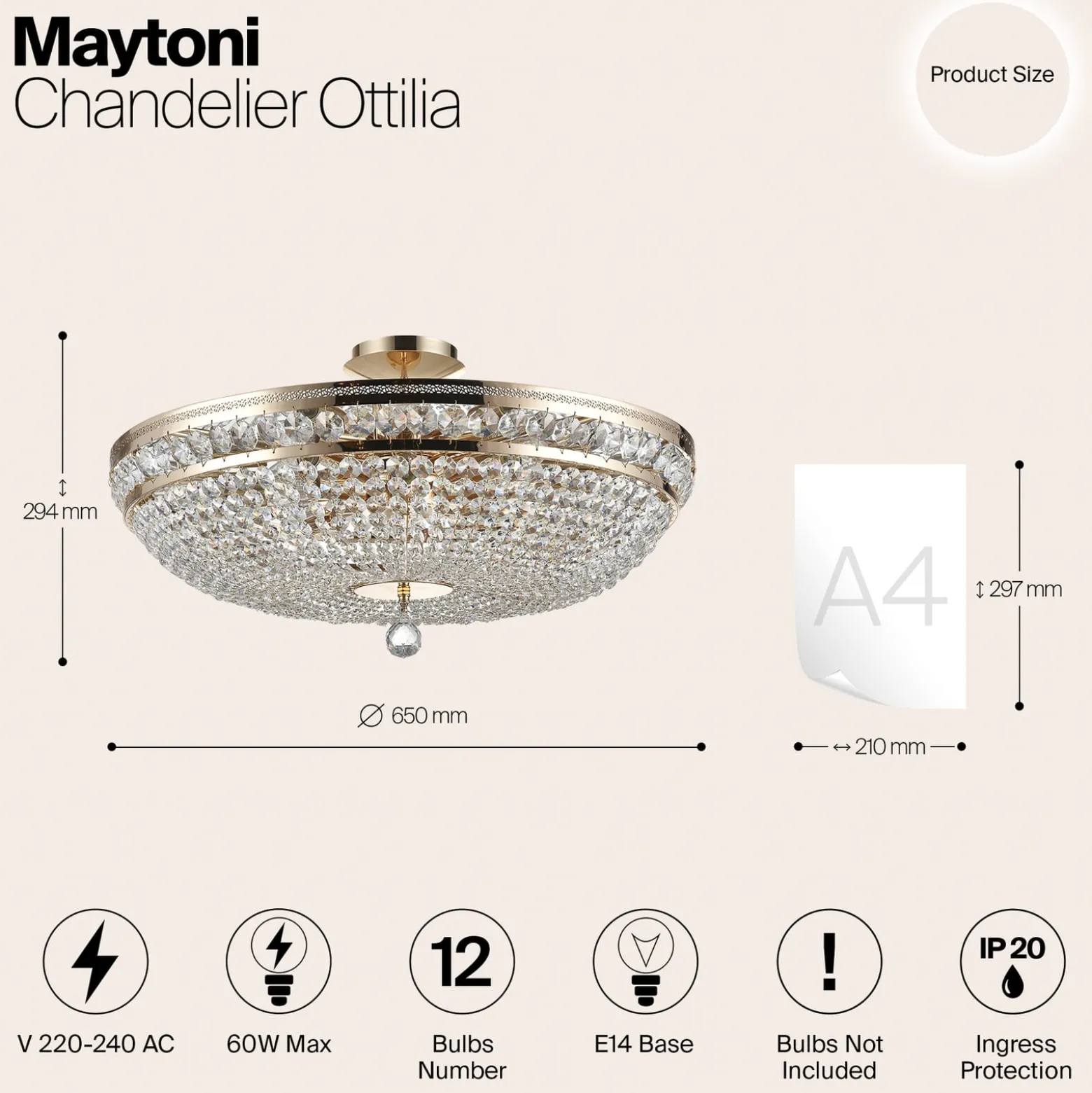 Maytoni Deckenleuchte Ottilia, Ø 65 cm, goldfarben, Kristall