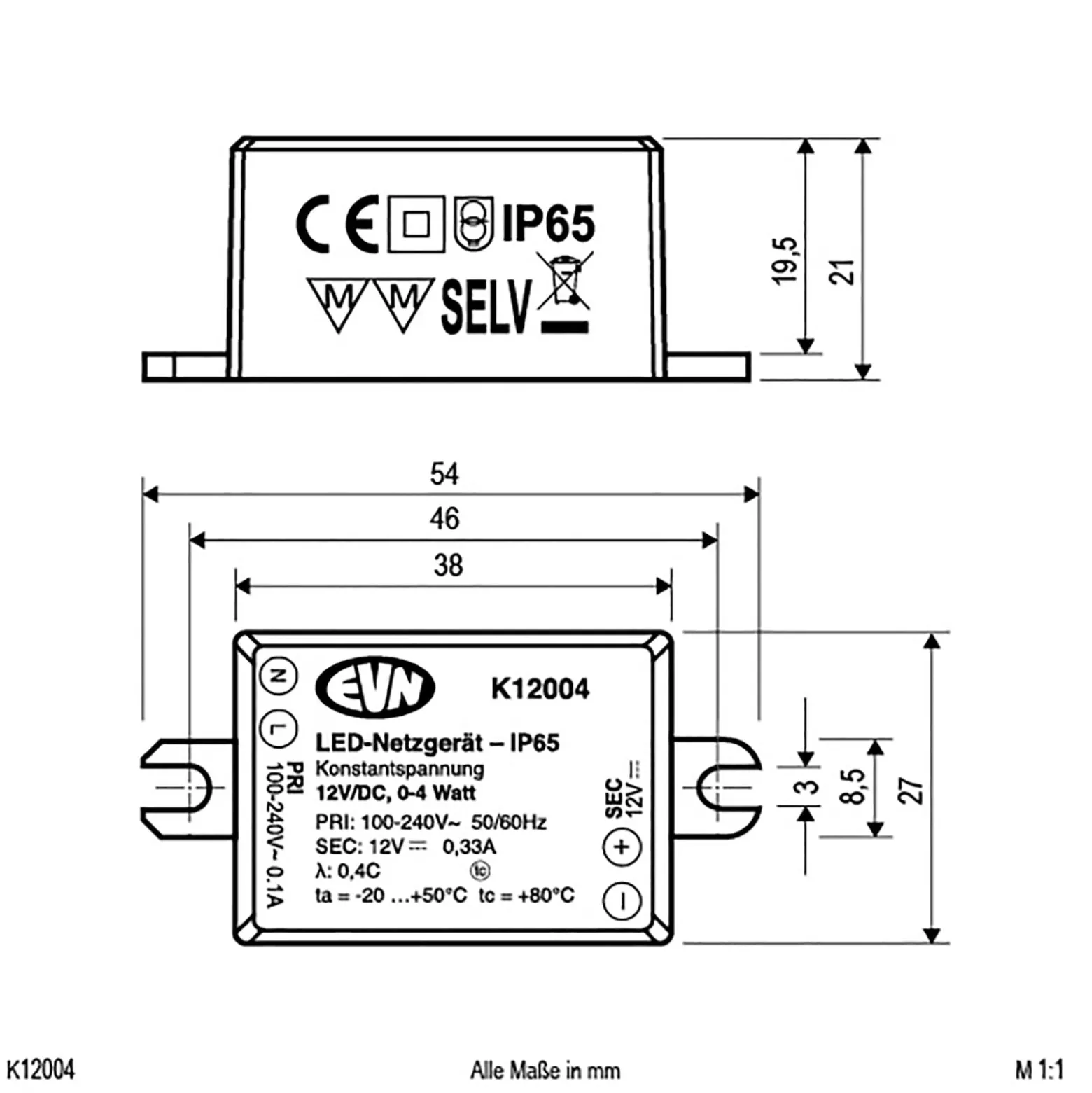 Netzgerät 12V/DC 0,1-4W, IP65, 100-240V/AC