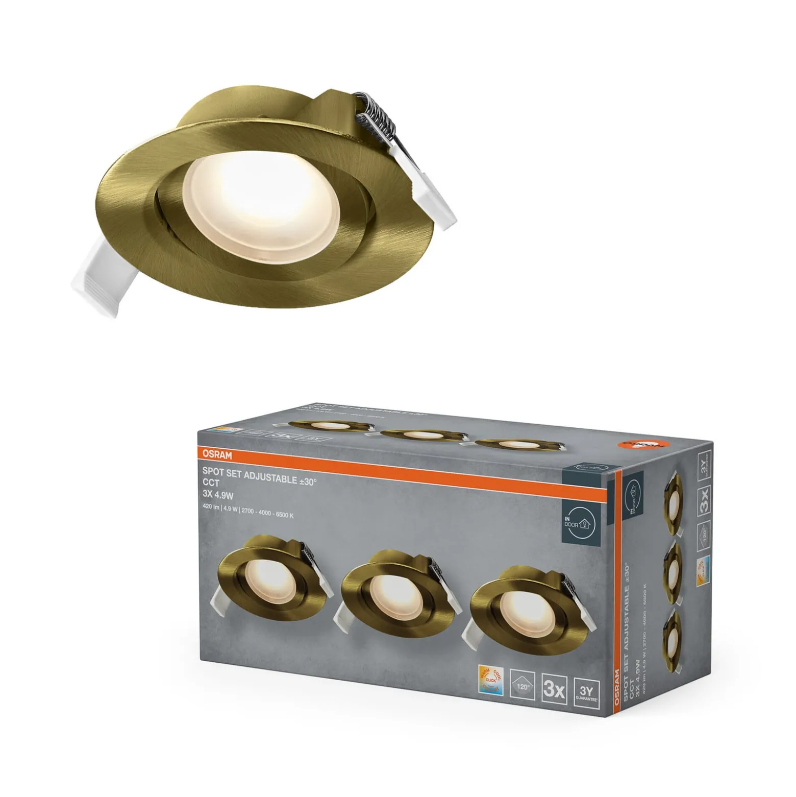 OSRAM LED-Einbauspot 3er-Set, click-CCT, 120° messing Ø 9 cm