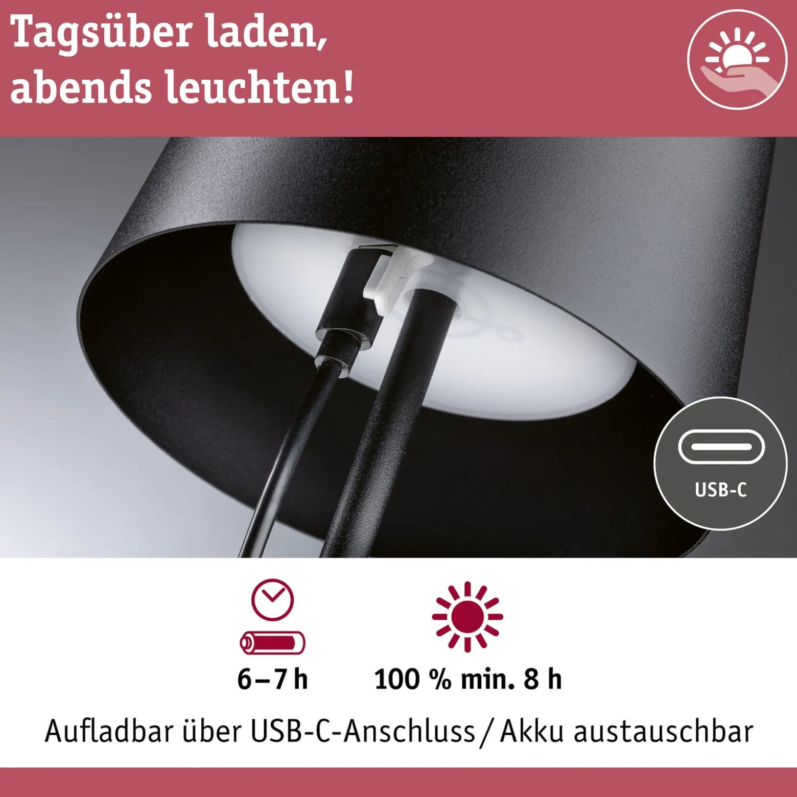 Paulmann LED-Akku-Tischlampe Gilo, schwarz, Kunststoff, IP44