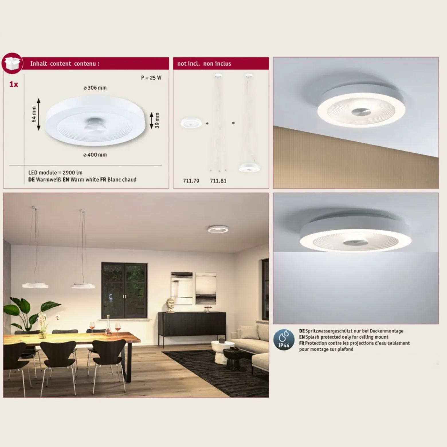 Paulmann LED-Deckenlampe Volea, weiß/silber Ø 40 cm IP44 dim