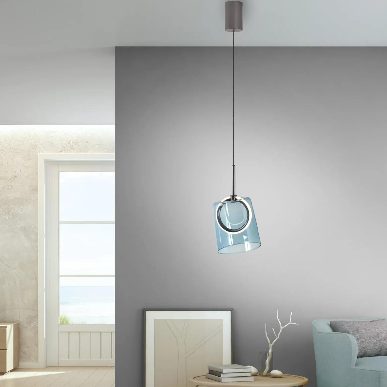 Paul Neuhaus LED-Pendellampe Zula, blau, Ø 15 cm, Glas