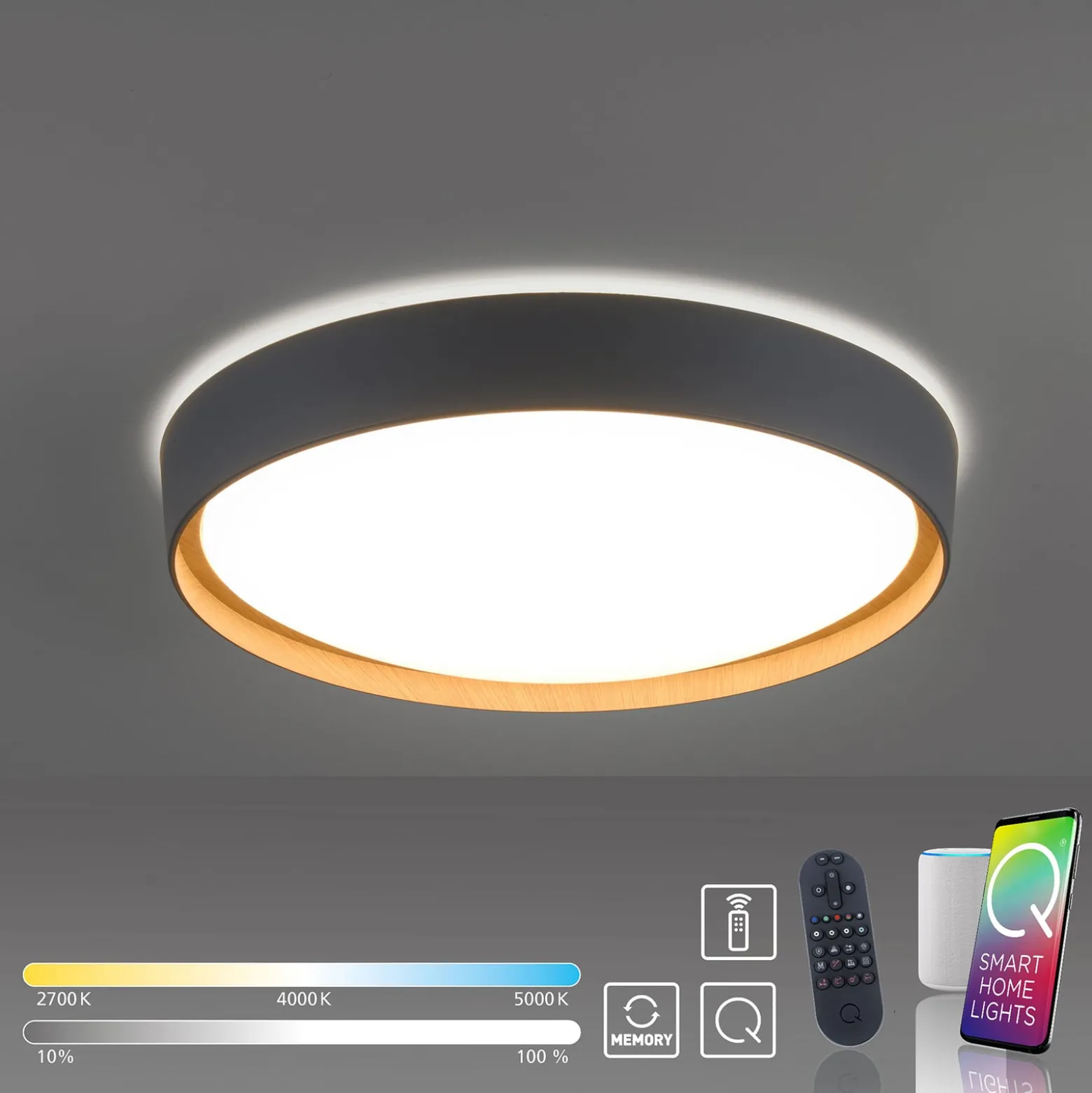 Paul Neuhaus Q-EMILIA LED-Deckenleuchte, grau/holz