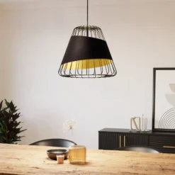 Pendellampe Austell, Ø 43 cm, schwarz/gold, Metall, Stoff