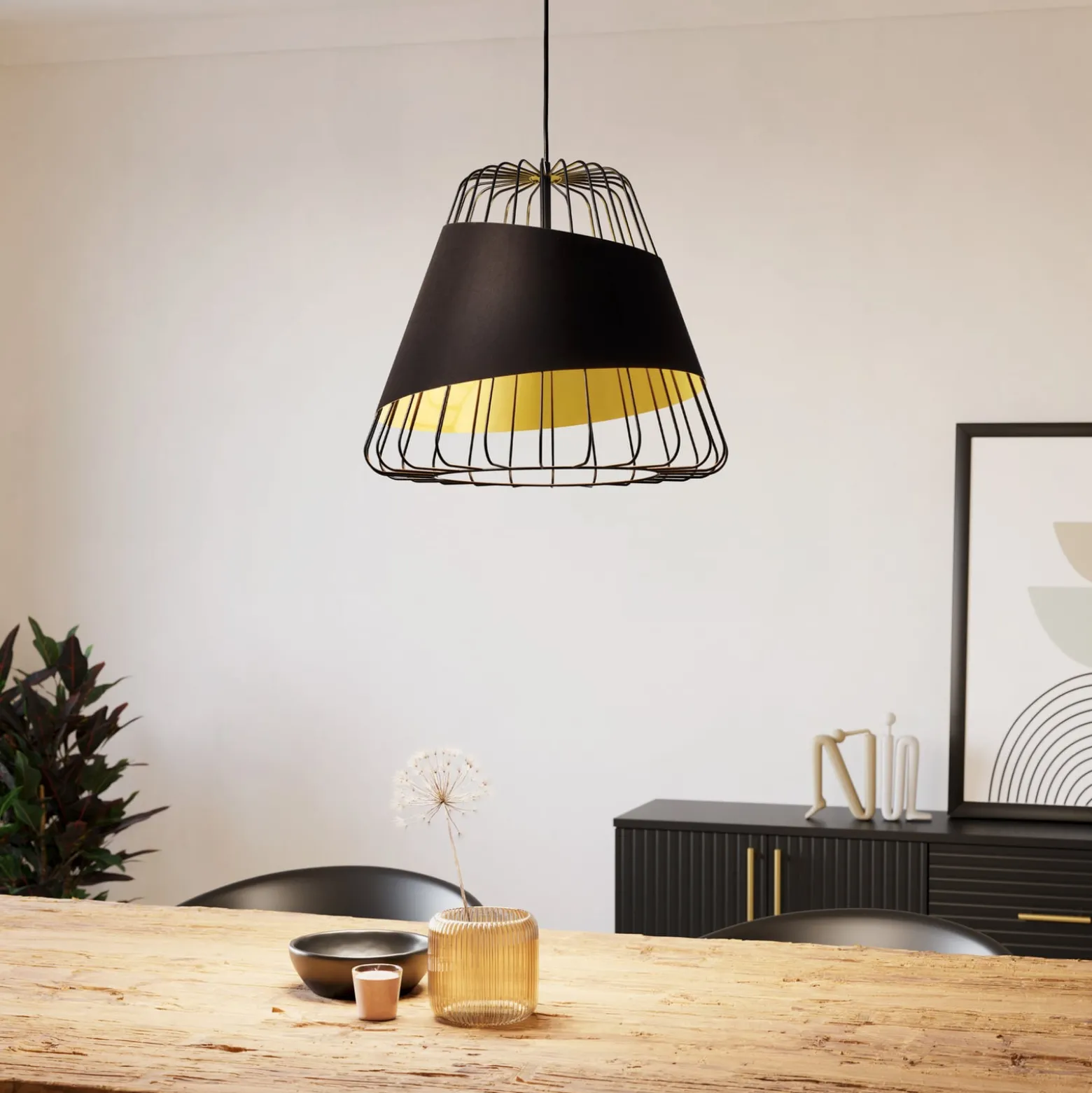 Pendellampe Austell, Ø 43 cm, schwarz/gold, Metall, Stoff