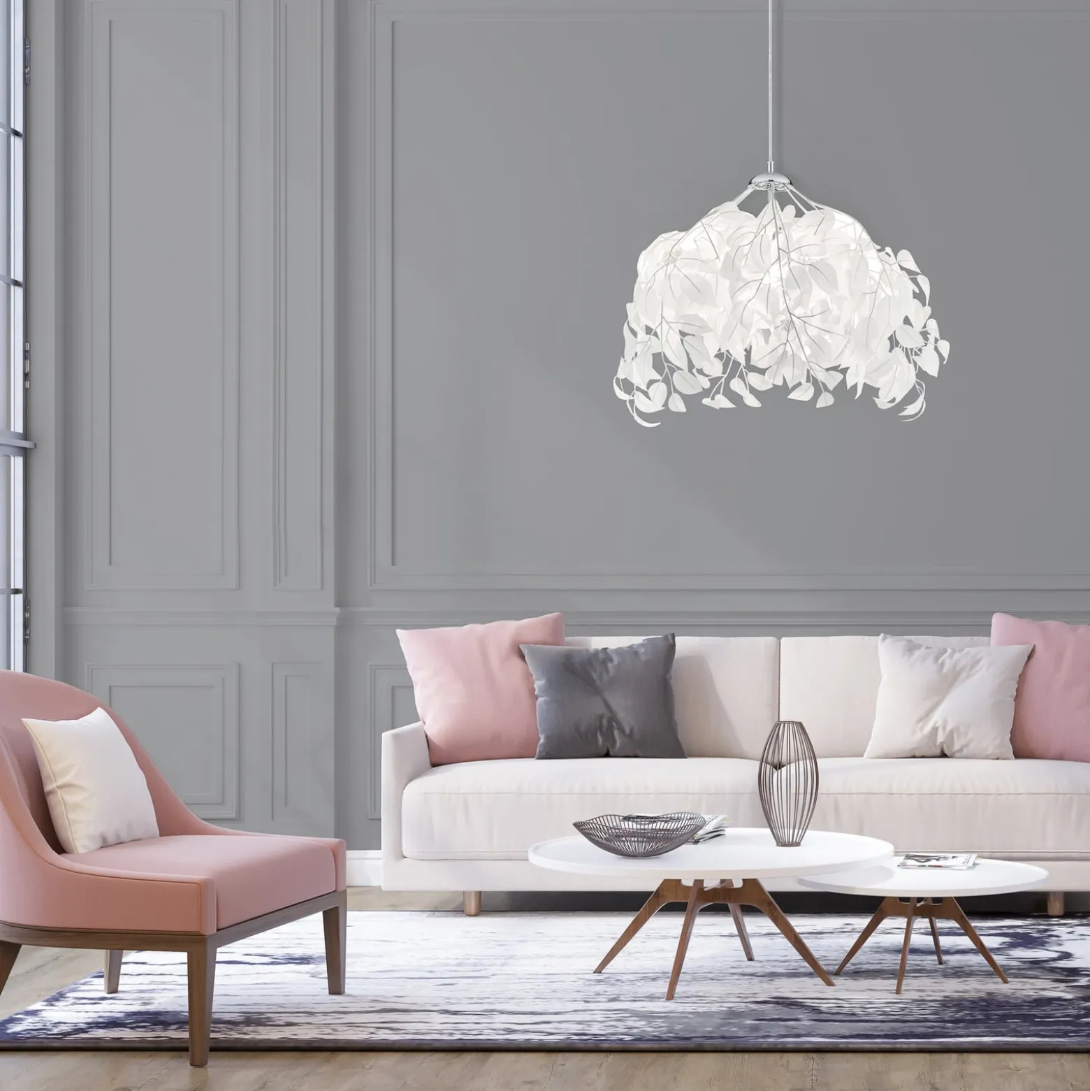 Pendellampe Leavy, chrom/weiß, Ø 38 cm, Kunststoff