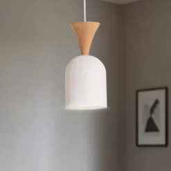 Pendellampe Nolan, Ø 11 cm, weiß/eiche, Metall/Holz