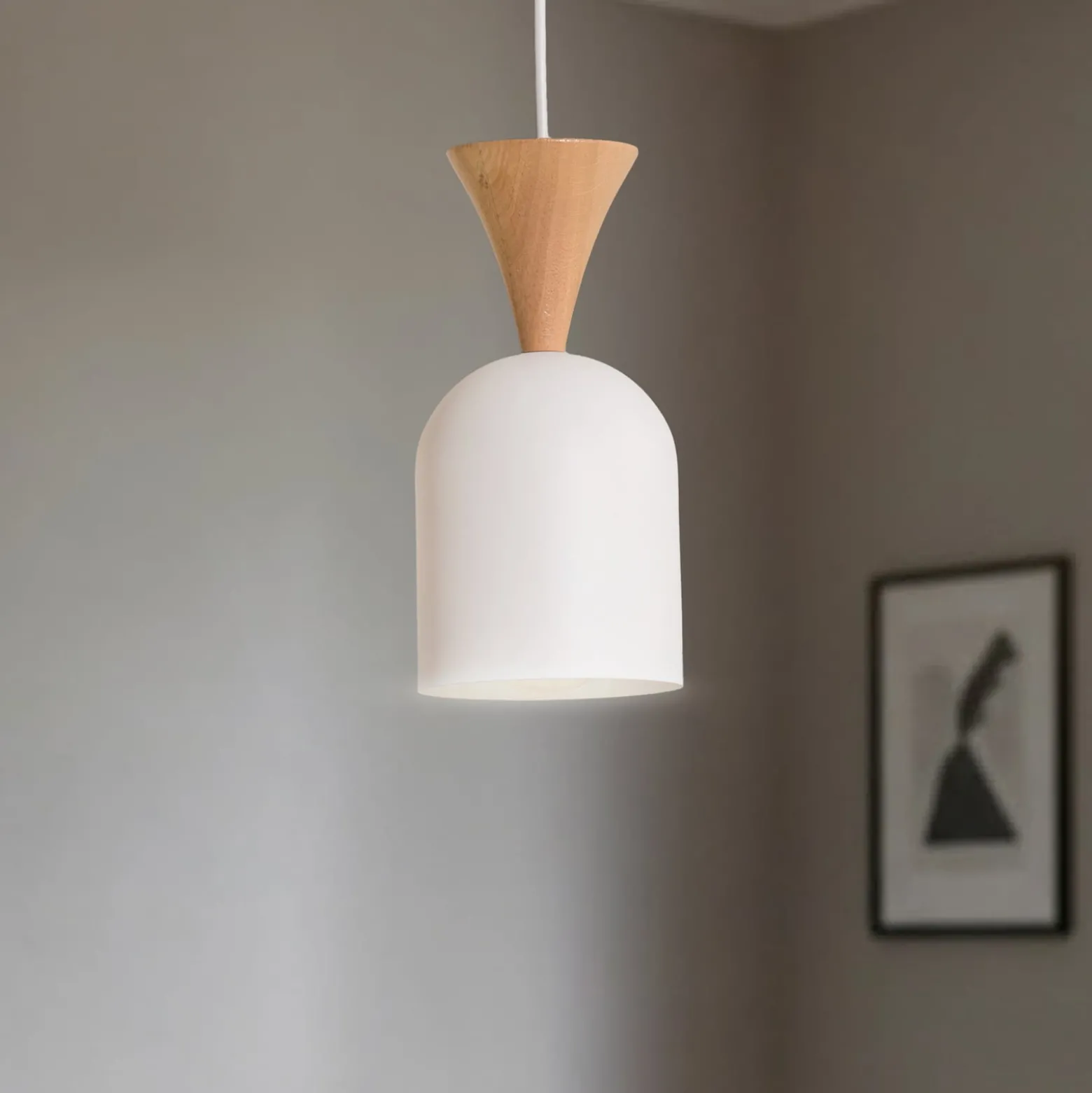 Pendellampe Nolan, Ø 11 cm, weiß/eiche, Metall/Holz