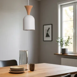 Pendellampe Nolan, Ø 11 cm, weiß/eiche, Metall/Holz