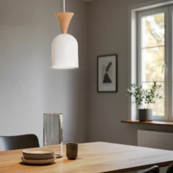 Pendellampe Nolan, Ø 11 cm, weiß/eiche, Metall/Holz