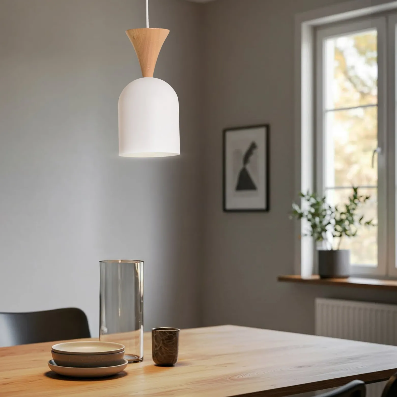 Pendellampe Nolan, Ø 11 cm, weiß/eiche, Metall/Holz