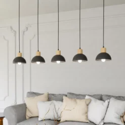 Pendellampe Seco, Länge 116 cm, schwarz, Metall/Holz, 5-flg.