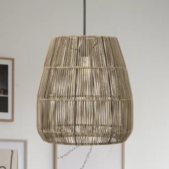 PR Home Hängeleuchte Saigon, Rattanoptik, grau, Ø 38 cm