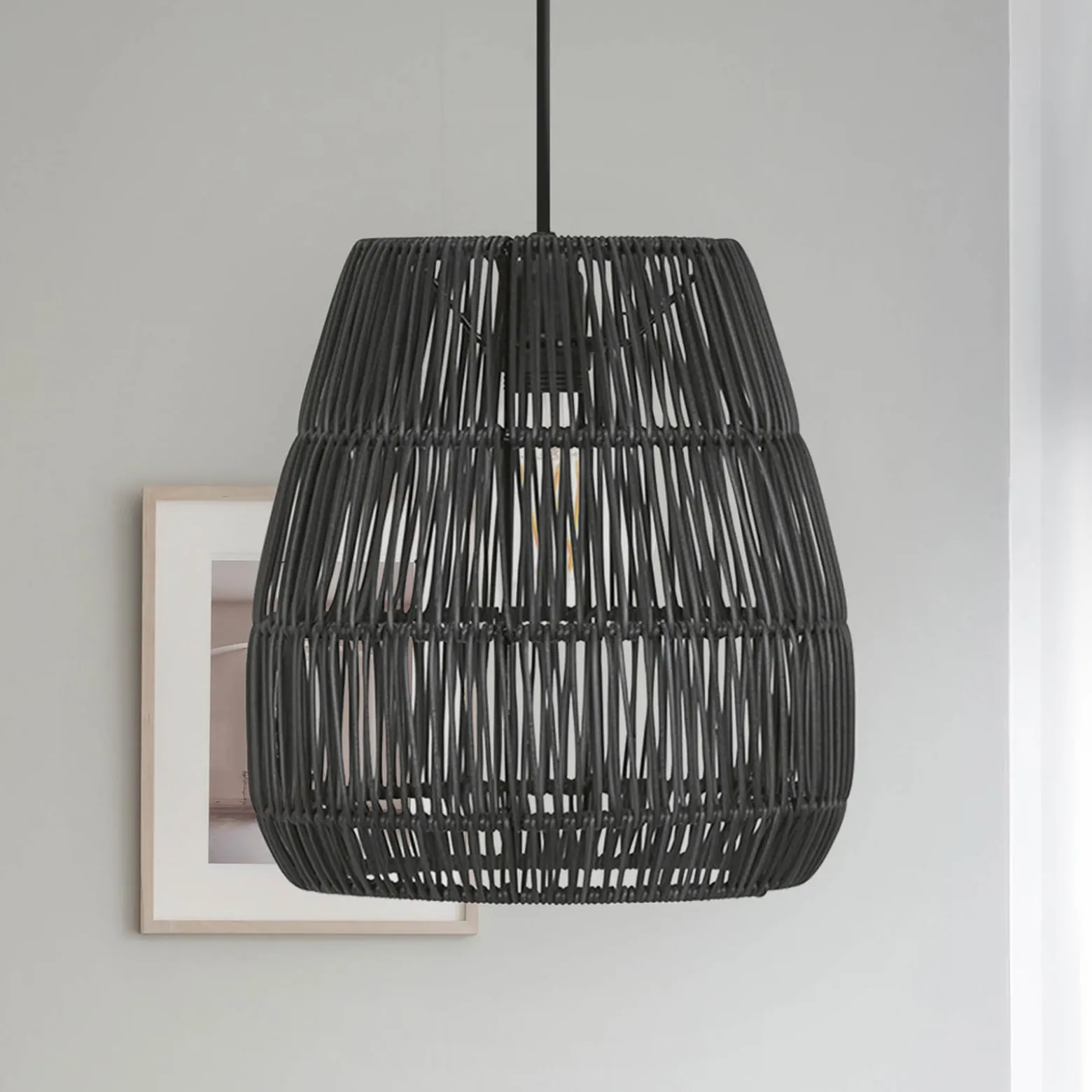 PR Home Hängeleuchte Saigon, Rattanoptik, schwarz, Ø 38 cm