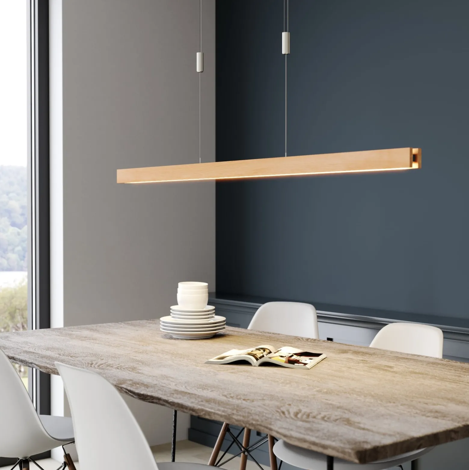 Quitani LED-Hängelampe Alin, Länge 138 cm, Eiche natur
