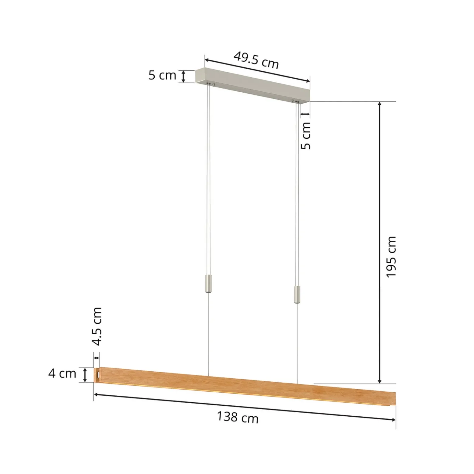 Quitani LED-Hängelampe Alin, Länge 138 cm, Eiche natur