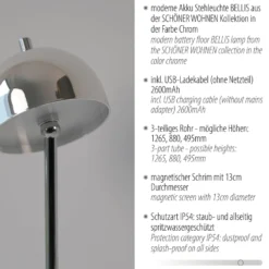 SCHÖNER WOHNEN LED-Akku-Stehlampe Bellis chrom, IP54 3.000K