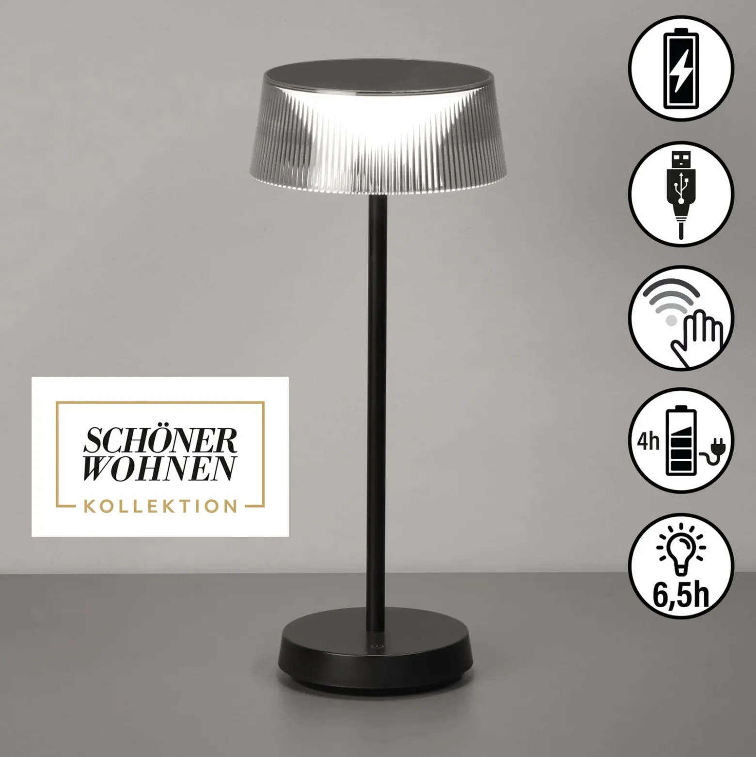 Schöner Wohnen LED-Akku-Tischleuchte Torre, IP44, Dimmer