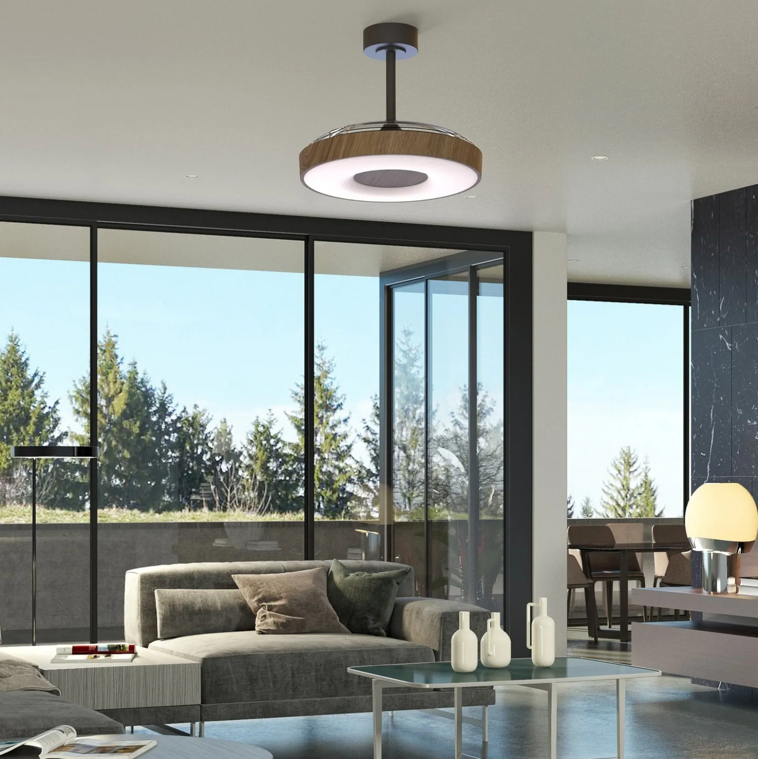 Smart LED-Deckenventilator Coin, holz/schwarz, DC, leise