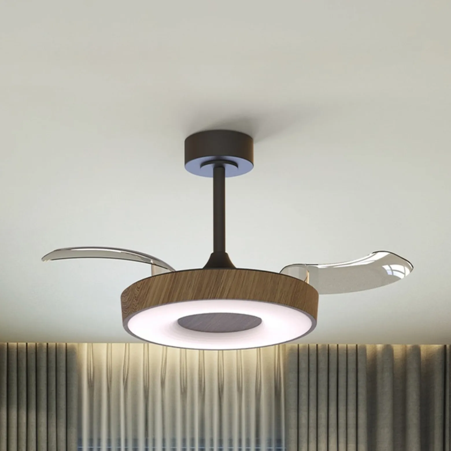 Smart LED-Deckenventilator Coin, holz/schwarz, DC, leise