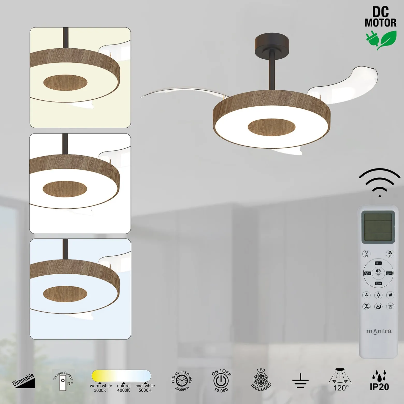Smart LED-Deckenventilator Coin, holz/schwarz, DC, leise