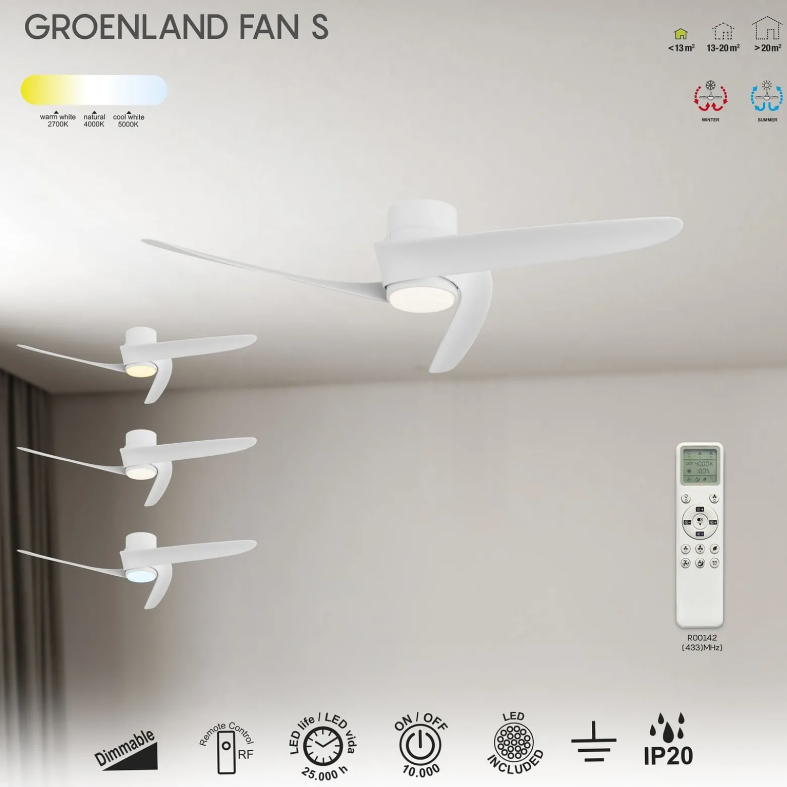 Smart LED-Deckenventilator Groenland S, weiß, DC, leise, CCT