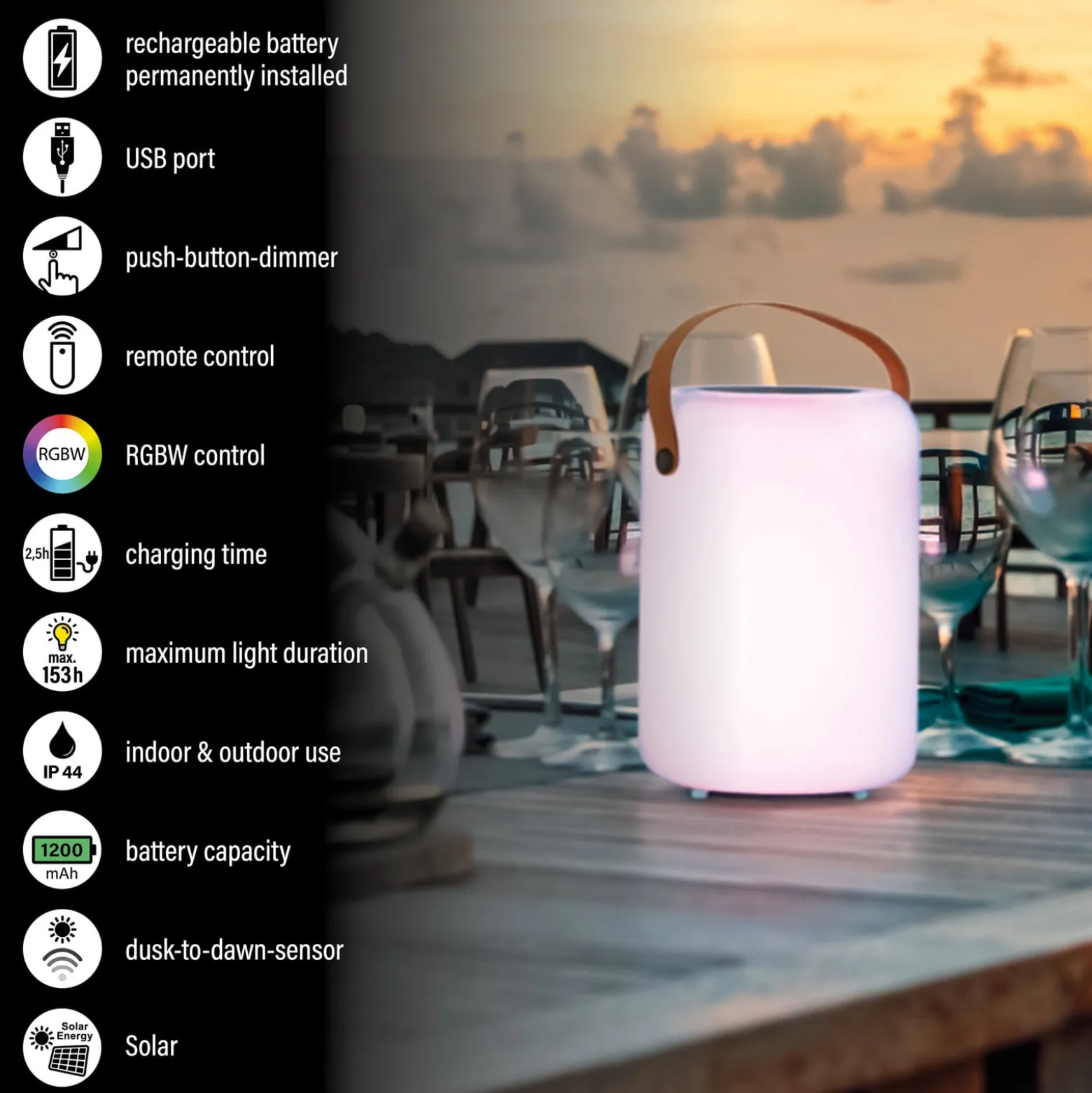 Solar-LED-Tischleuchte Orno, warmweiß und RGB