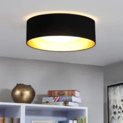Stoff-Deckenlampe Coleen in Schwarz, innen gold