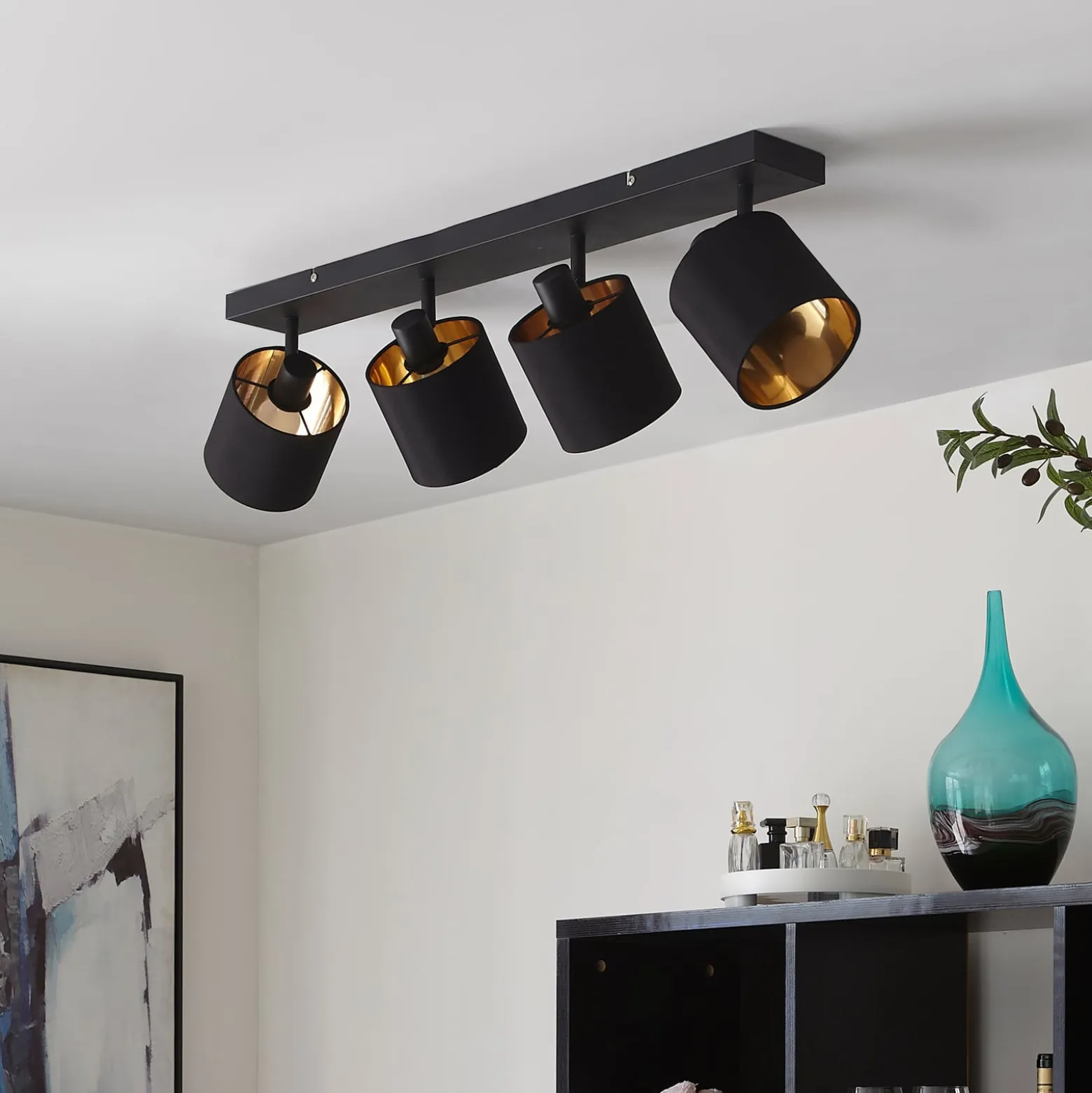 Stoff-Deckenlampe Vasilia in Schwarz-Gold, 4-fl.