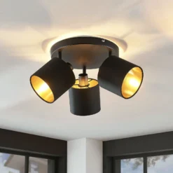 Stoff-Deckenlampe Vasilia in Schwarz-Gold, 3-fl.