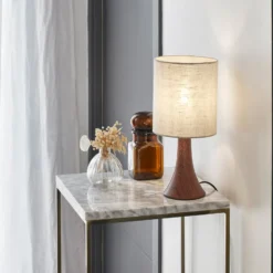 Tischlampe Arto, dunkelbraun/weiß, Höhe 32 cm, Metall/Leinen