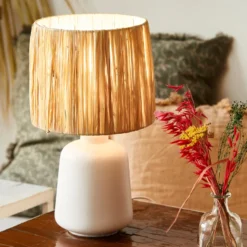 Tischlampe Paros, weiß/natur, Höhe 34 cm, Bast/Keramik