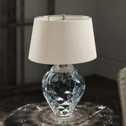 Tischlampe Samara, Ø 45,7 cm, blau, Stoff, Glas, 2-flammig