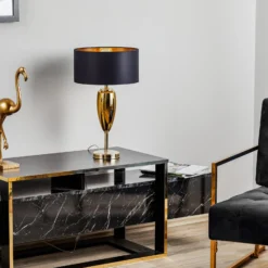 Tischlampe Show Ogiva, Textil, schwarz/goldfarben