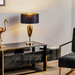 Tischlampe Show Ogiva, Textil, schwarz/goldfarben