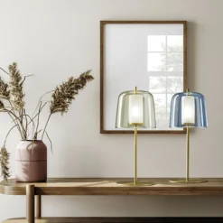 Tischleuchte Frida, Gestell gold, Außenschirm blau