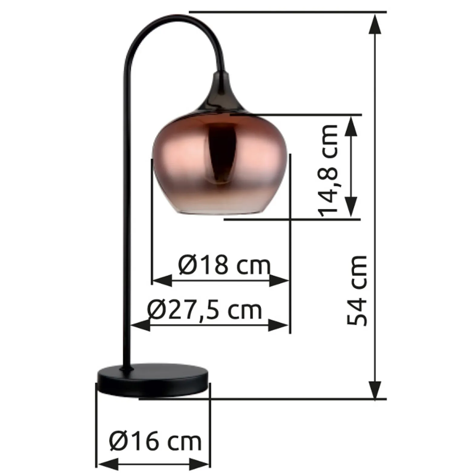 Tischleuchte Maxy, kupfer/schwarz, Glas, 54 cm hoch, E27